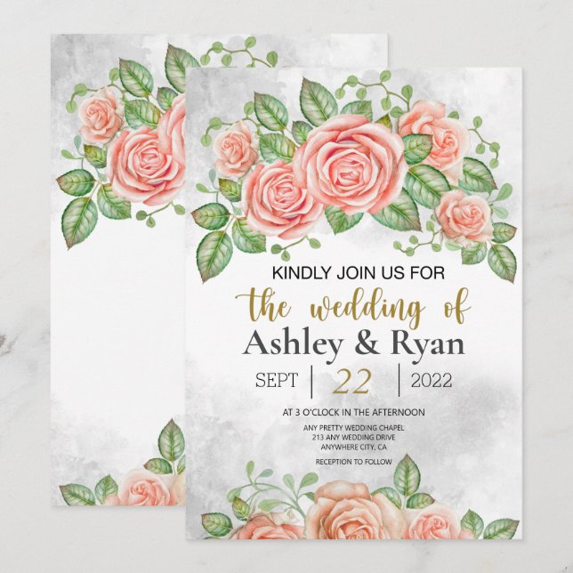 Blush Pink Bloral Wedding Einladung (Vorne/Hinten)