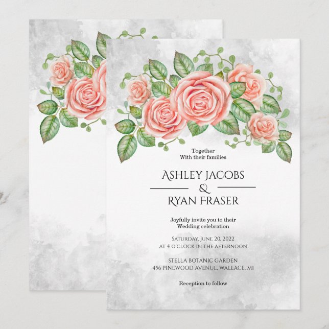 Blush Pink Bloral Wedding Einladung (Vorne/Hinten)