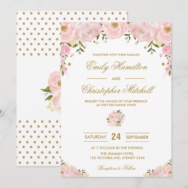 Blush Pink Bloral Wedding Einladung Gold Confetti (Vorne/Hinten)