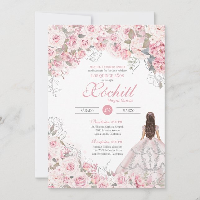Blush Pink Blossom Elegantes Quinceanera Einladung (Vorderseite)