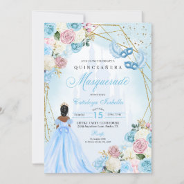 Blush Pink Blue Ainderella Masquerade Quinceanera Einladung