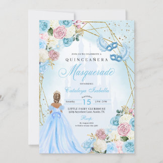 Blush Pink Blue Ainderella Masquerade Quinceanera Einladung