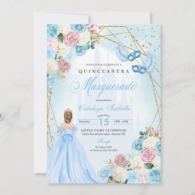 Blush Pink Blue Ainderella Masquerade Quinceanera Einladung (Vorderseite)