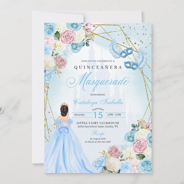 Blush Pink Blue Ainderella Masquerade Quinceanera Einladung (Vorderseite)