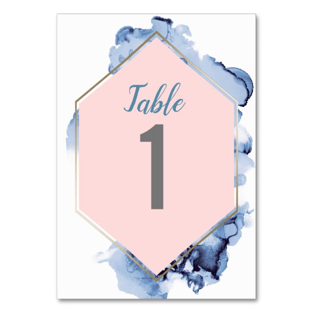 Blush Pink Blue Aquarellfarbe Gold Rahmen Hochzeit Tischnummer (Vorderseite)