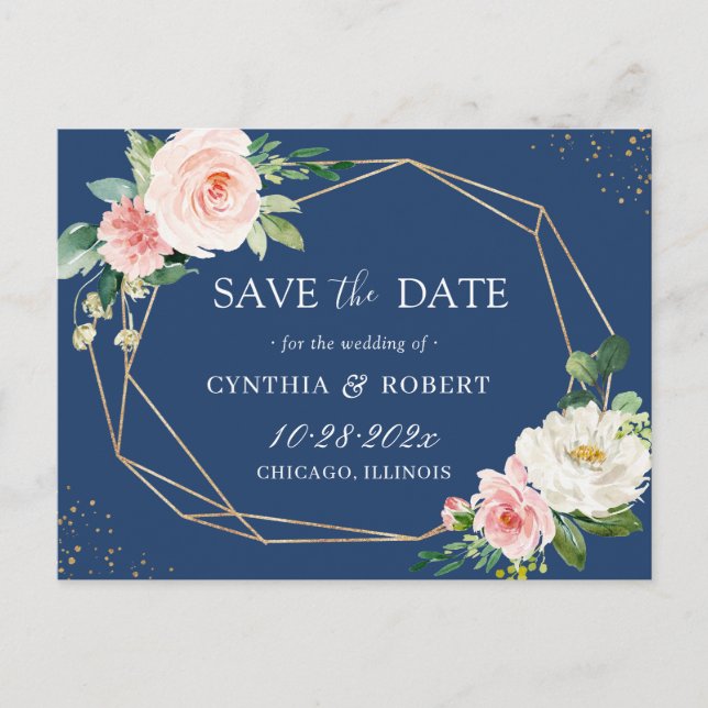 Blush Pink Blue Floral Geometric Save the Date Postkarte (Vorderseite)