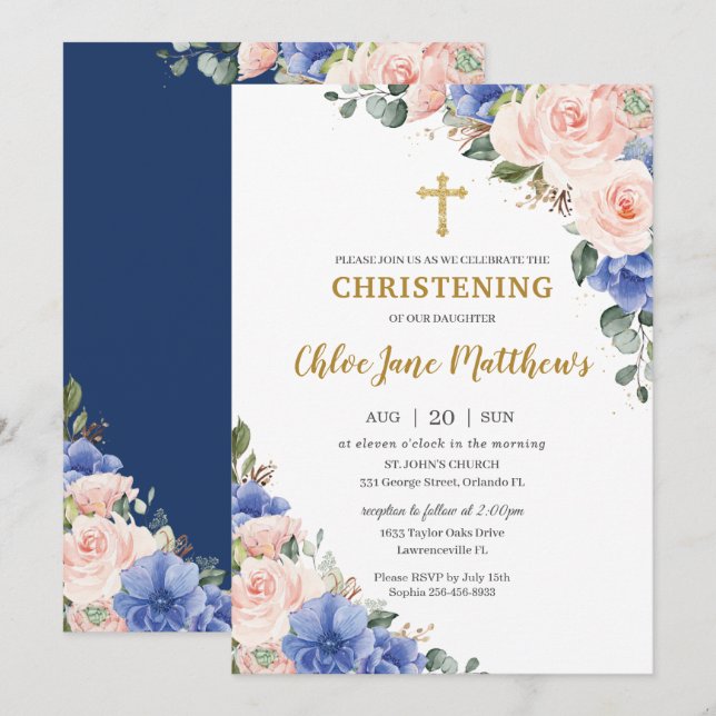 Blush Pink Blue Floral Gold Taufe Christening  Einladung (Vorne/Hinten)