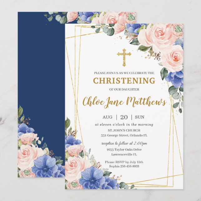 Blush Pink Blue Floral Gold Taufe Christening I Einladung (Vorne/Hinten)