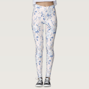 Blush Pink Blue Floral Hearts Leggings