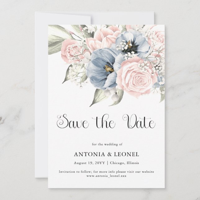 Blush Pink Blue Floral Wedding Save the date (Vorderseite)