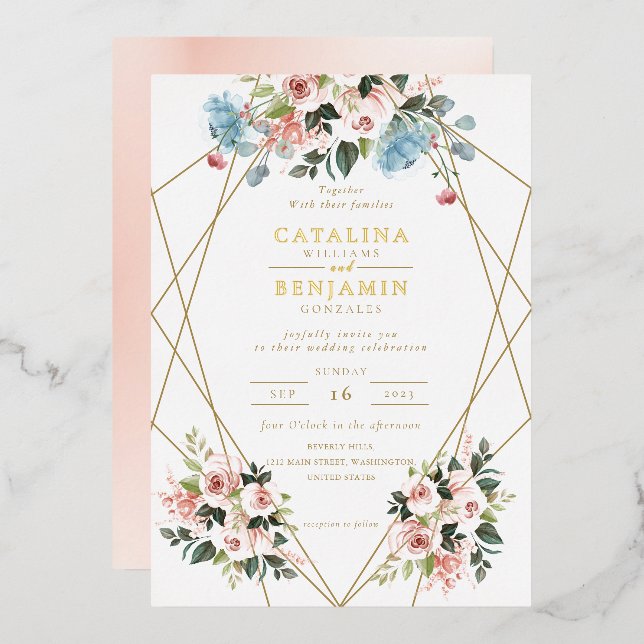 Blush Pink Blue Geometric Gold Lettering Hochzeit Folieneinladung (Vorderseite/Rückseite)