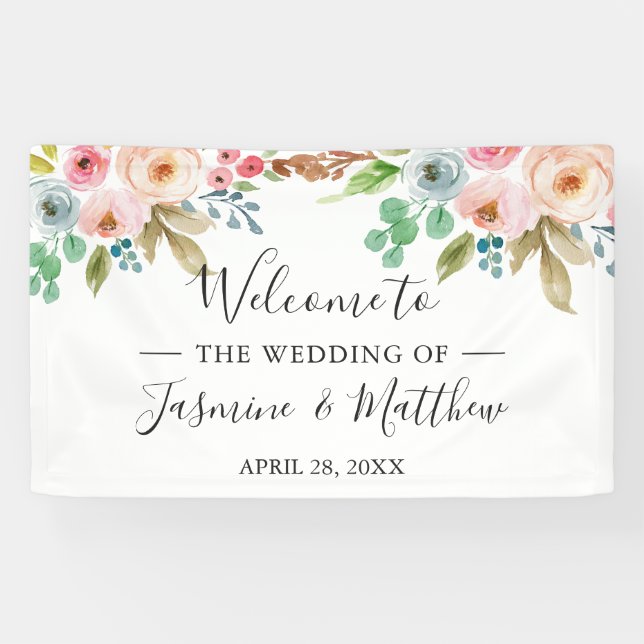 Blush Pink Blue Rose Peonies Floral Wedding Party Banner (Horizontal)