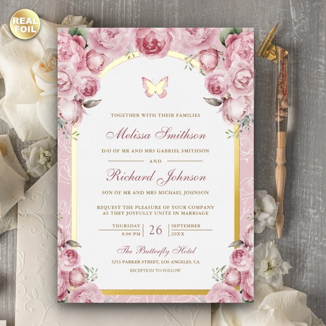 Blush Pink Blues Arch Butterfly Wedding Gold Folieneinladung (Von Creator hochgeladen)