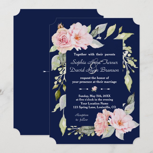 Blush Pink Blues Blütenblume Navy Blue Hochzeit Einladung (Vorne/Hinten)