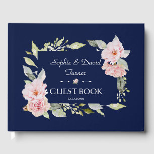 Blush Pink Blues Blütenblume Navy Blue Hochzeit Gästebuch