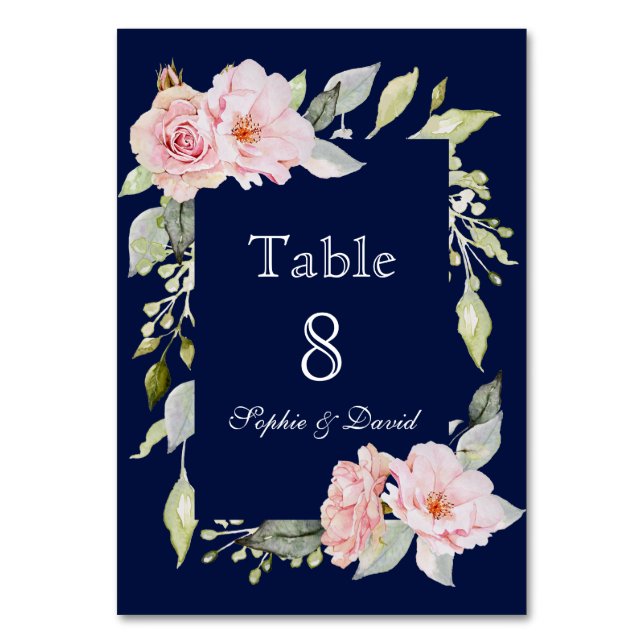 Blush Pink Blues Blütenblume Navy Blue Hochzeit Tischnummer (Vorderseite)