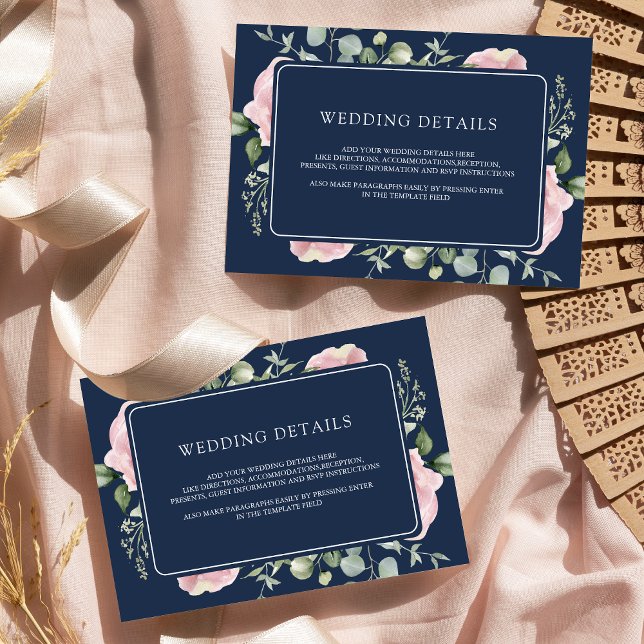 Blush Pink Blues Eukalyptus Navy Hochzeitdetails Begleitkarte (Von Creator hochgeladen)