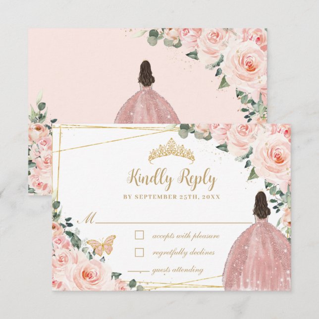 Blush Pink Blues Gold Butterfly Quinceañera Kleid RSVP Karte (Vorne/Hinten)
