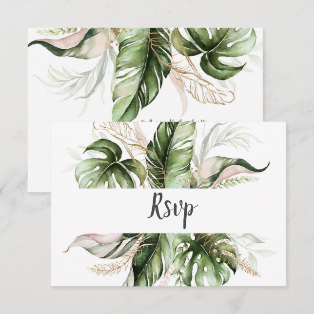 Blush Pink Blues Gold Tropische Grüne Hochzeit RSVP Karte (Vorne/Hinten)