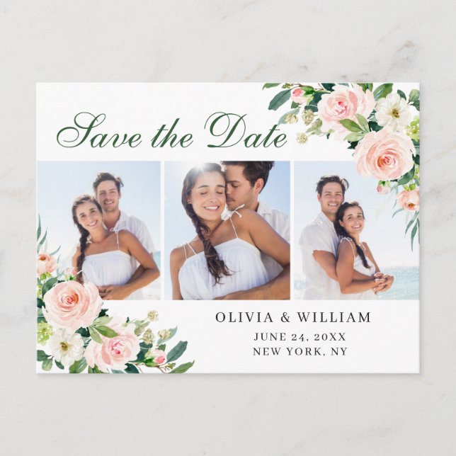 Blush Pink Blume 3 FOTO Hochzeit Speichern Sie das Postkarte (Vorderseite)
