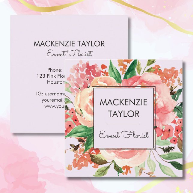 Blush Pink Blume Bloral Bouquet Quadratische Visitenkarte (Front and Back)