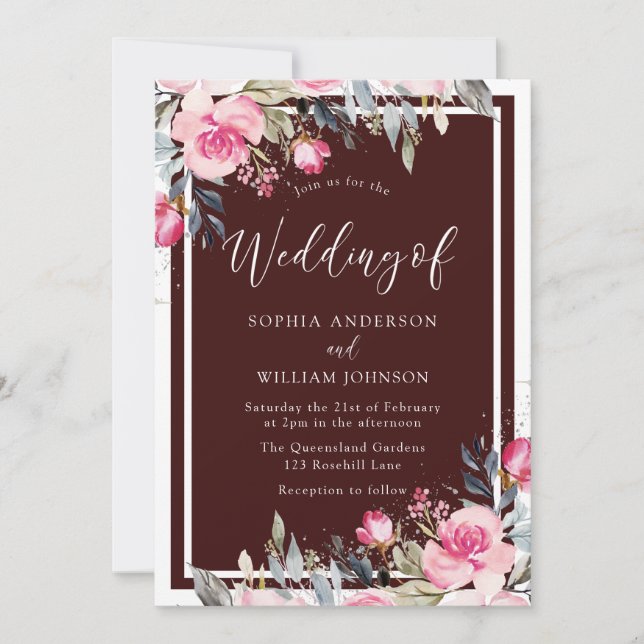 Blush Pink Blume Burgundy Red Elegante Hochzeit Einladung (Vorderseite)