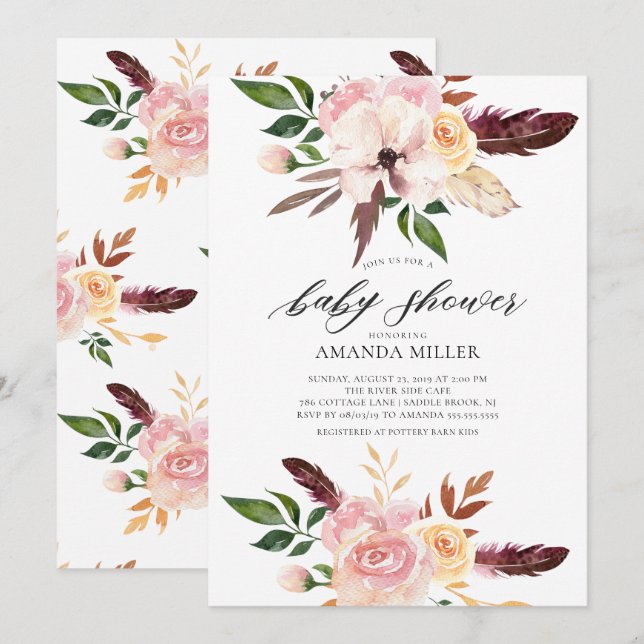 Blush Pink Blume Feathers Baby Dusche Einladung (Vorne/Hinten)