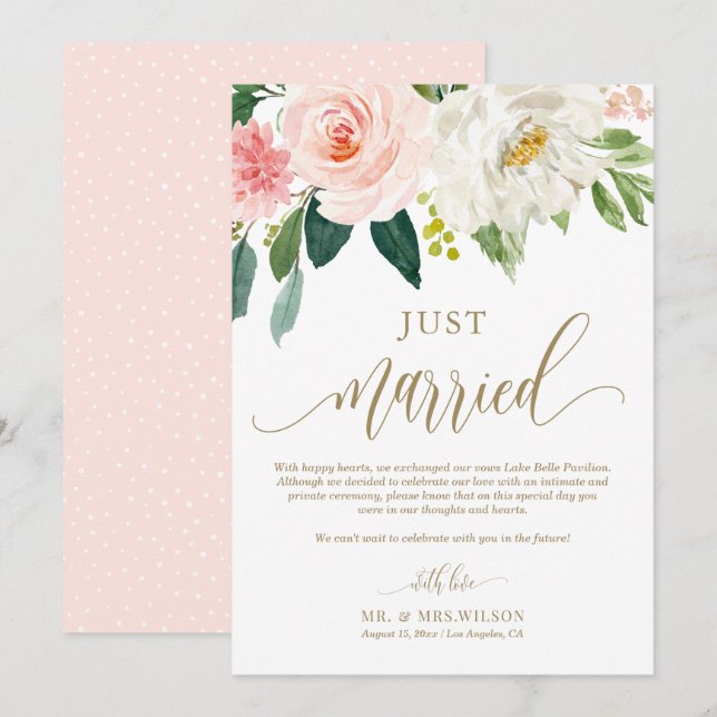 Blush Pink Blume Gold Just Married Wedding Ankündigung (Vorne/Hinten)