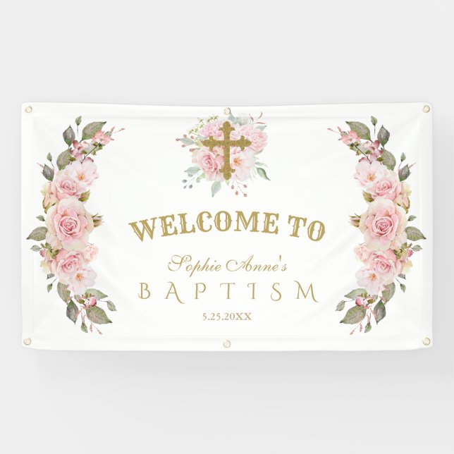 Blush Pink Blume Gold Taufe Begrüßungszeichen Banner (Horizontal)