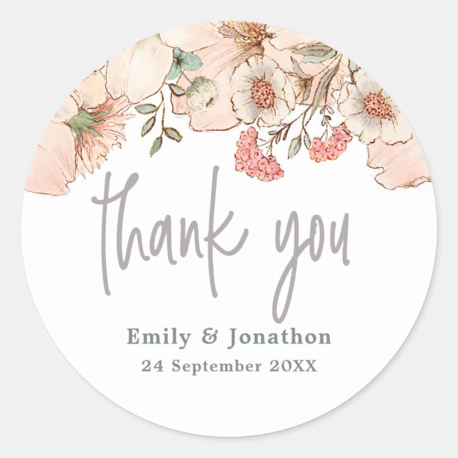 Blush Pink Blume Gray Script Danke Namen Runder Aufkleber (Vorderseite)