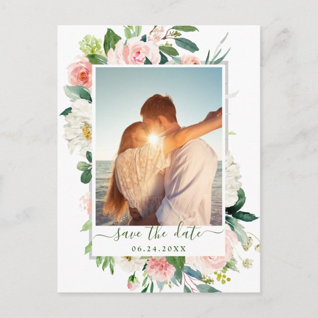 Blush Pink Blume Grüne Hochzeit speichern das Datu Postkarte (Vorderseite)