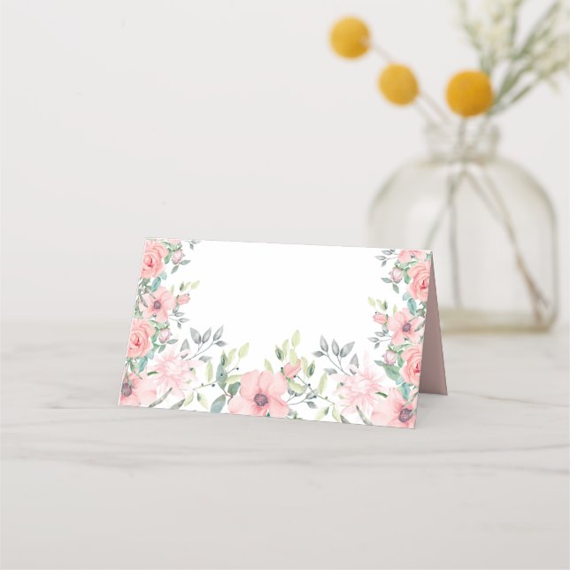 Blush Pink Blume Sage Green Blätter Frühjahr Somme Platzkarte (Vorderseite)