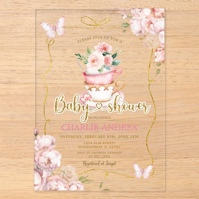 Blush Pink Blume Schmetterling Tee Party Babydusch Acryleinladungen (Vorderseite)
