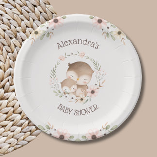 Blush Pink Blume Woodland Owl Babydusche Pappteller