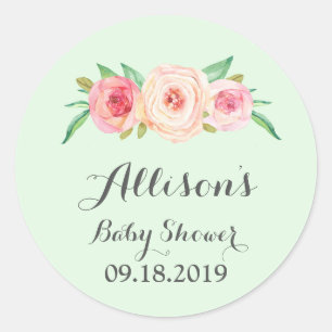 Blush Pink Blumengrün Babydusche Tag Runder Aufkleber