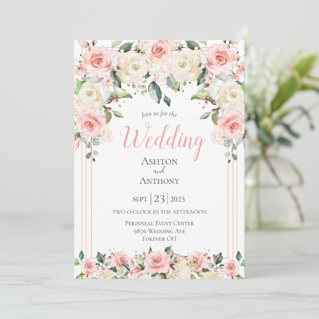 Blush Pink Blumengrün Typografie Einladung (Stehend Vorderseite)