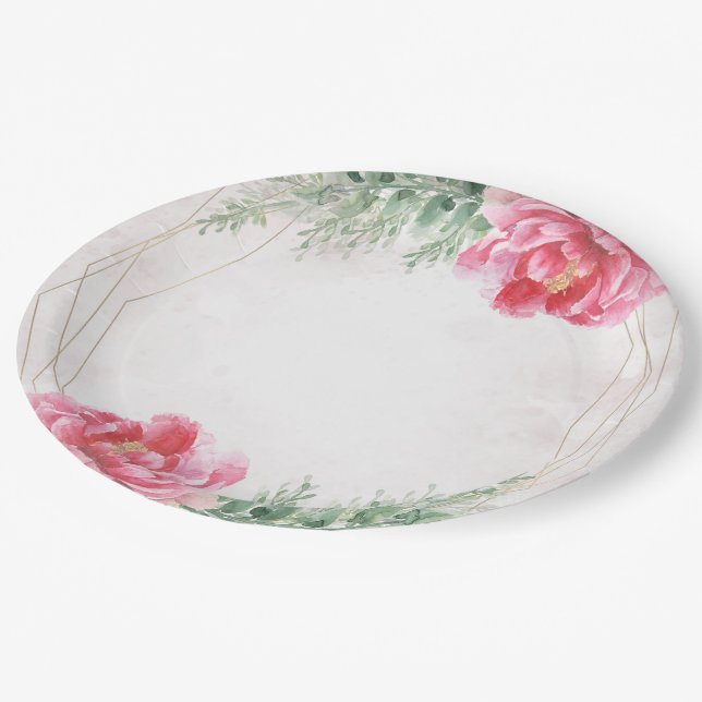Blush Pink Blumengrün Wasserfarben Hochzeit Pappteller (Schrägansicht)