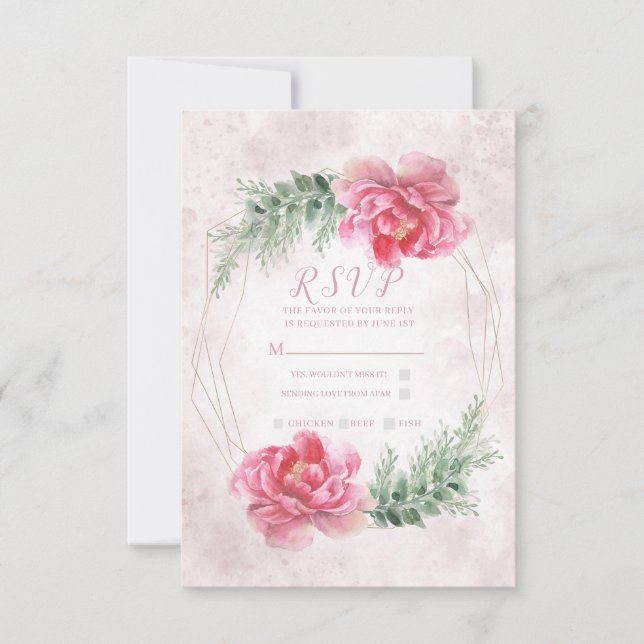 Blush Pink Blumengrün Wasserfarben Hochzeit RSVP Karte (Vorderseite)