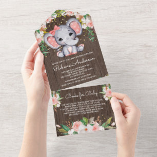 Blush Pink Blumenholz Niedlich Elephant Babydusche All In One Einladung