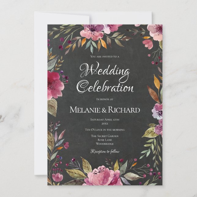 Blush Pink Blumenkhalkboard Einladung zur Hochzeit (Vorderseite)