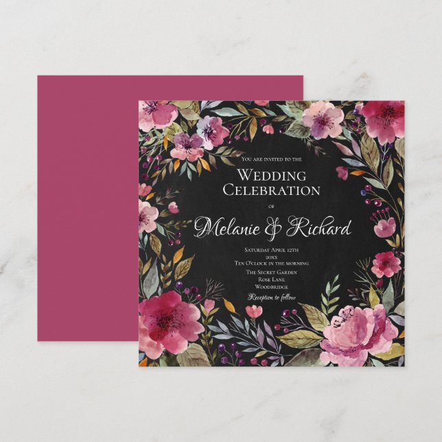 Blush Pink Blumenkhalkboard Einladung zur Hochzeit (Vorne/Hinten)