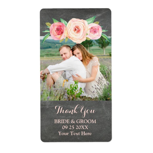Blush Pink Blumenkhalkboard Foto Hochzeitslabel (Vorne)