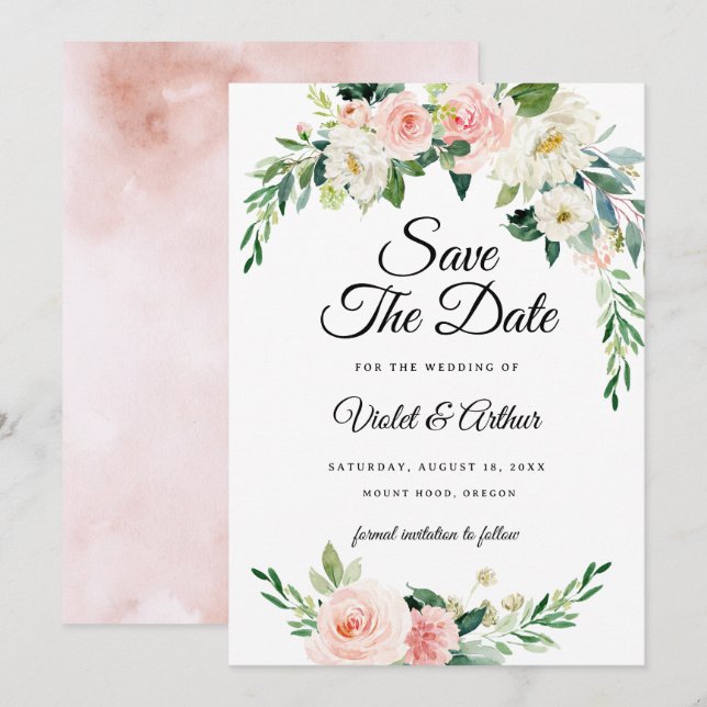 Blush Pink Blumenkreide Hochzeit speichern das Dat Einladung (Vorne/Hinten)
