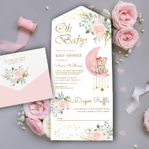 Blush Pink Blumenmoon Niedlich Teddy Bear Baby Dus All In One Einladung