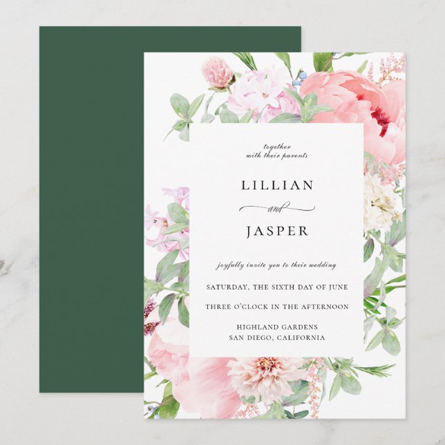 Blush Pink Blumenrahmen Einladung zur Hochzeit (Vorne/Hinten)
