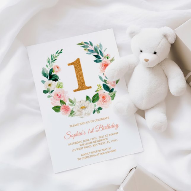 Blush Pink Blumenreath 1. Geburtstag Einladung (Von Creator hochgeladen)