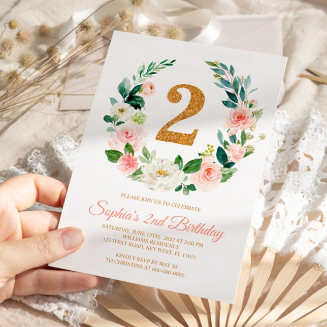Blush Pink Blumenreath 2. Geburtstag Einladung (Von Creator hochgeladen)
