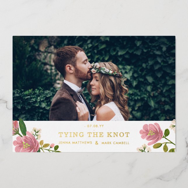Blush Pink Blumenstrauß und Gold Save the Date Folieneinladung (Vorderseite)