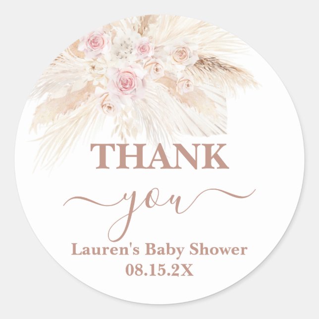 Blush Pink Boho Baby Dusche Klassischer Rundsticke Runder Aufkleber (Vorderseite)