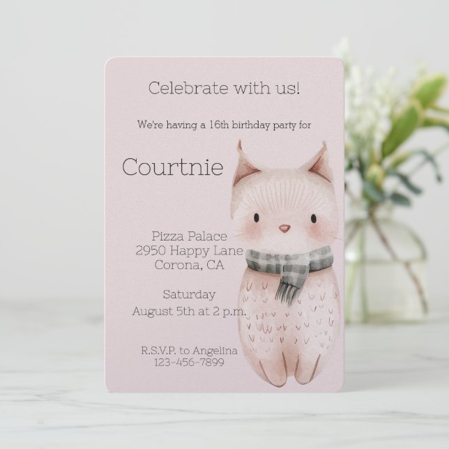 Blush Pink Boho Cat Geburtstag Einladung (Stehend Vorderseite)